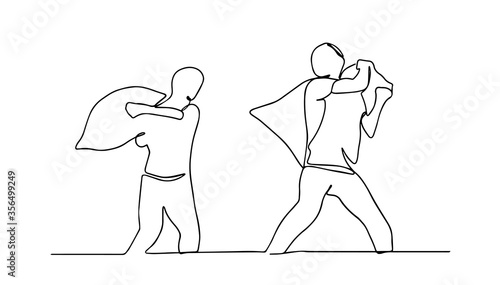Naughty children. A little boy and girl made a pillow fight on the bed in the bedroom. Kids playing with pillows at home during quarantine. Concept of joy. Vector.
