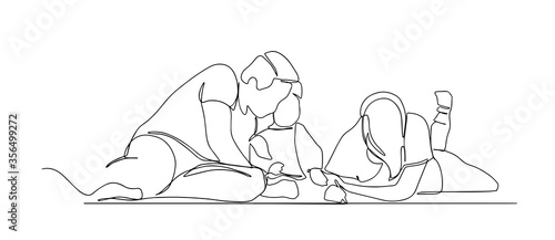 Family Playing Board Game At Home countinious line drawing. Happy young family of three plays a board game. vector illustration. Family sitting at home during quarantine playing table games. Vector.