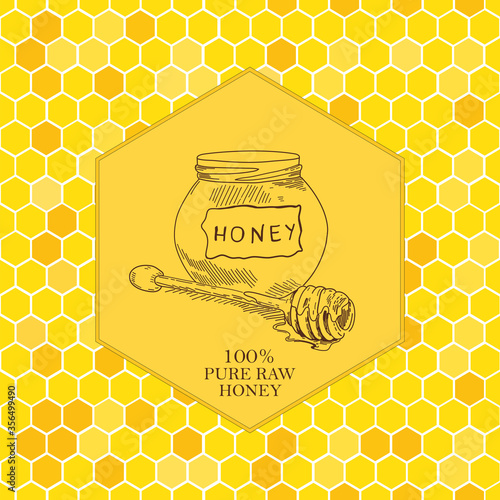 Vector card template with honey stick sketches hand drawn and seamless pattern.