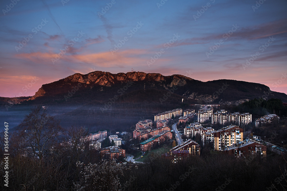 Majdanpek, Serbian town, at dawn, Carpathian mountains, mount Starica at background 