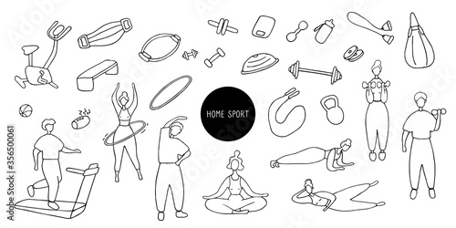 Big sport set. Icons of sports equipment and training people. Workout at home, sport exercises at home. Hand drawn vector graphic