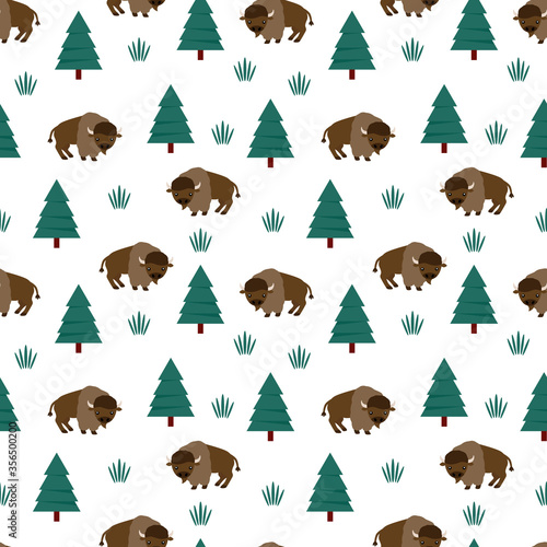 Vector seamless pattern of cute bison buffalo in woodland.