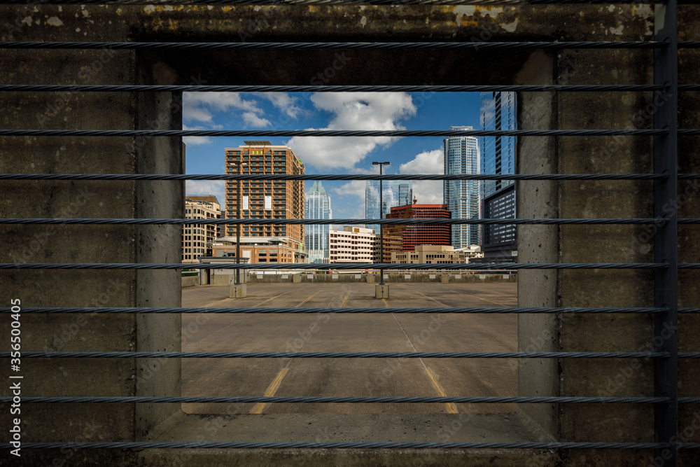 Austin Skyline through Parking Garage Cables Austin Skyline through Parking Garage Cables