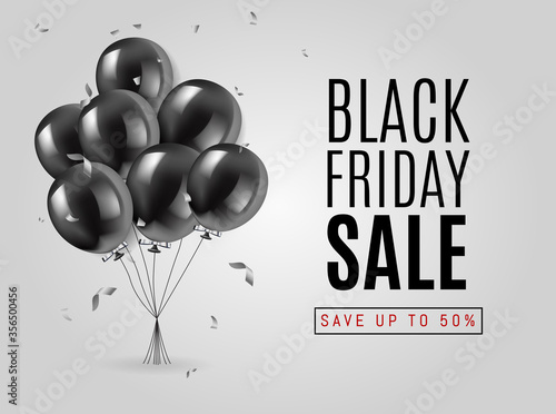 Black Friday Sale Poster or Web Banner. Black Friday Sale Poster with Dark Shiny Balloons Bunch on White Background. Vector illustration