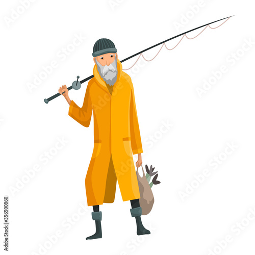 Old bearded man with fish rod and a bag in his hands. Caughted fish in a bag. Fisher in raincoat. Successful fishing