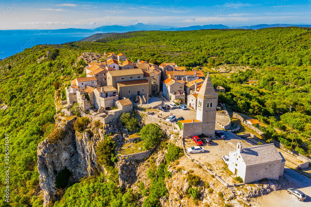 Beautiful small town Lubenice on Cres island, aerial view. Cres, Croatia