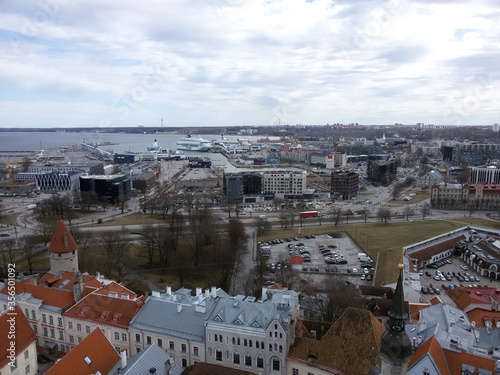 View of the roofs of the old city of Tallinn and sea port from a high tower