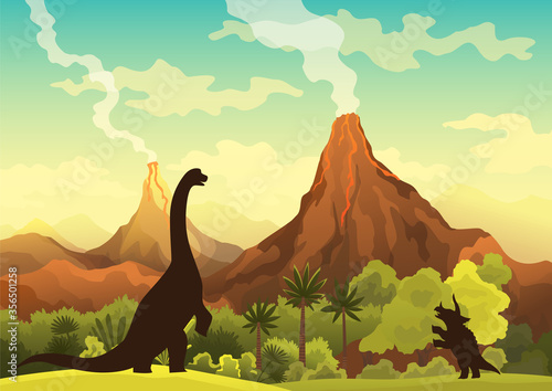 Prehistoric landscape - volcano with smoke, mountains, dinosaurs and green vegetation. Vector illustration of beautiful prehistoric landscape and dinosaurs
