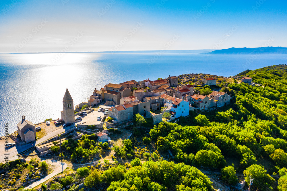 Beautiful small town Lubenice on Cres island, aerial view. Cres, Croatia