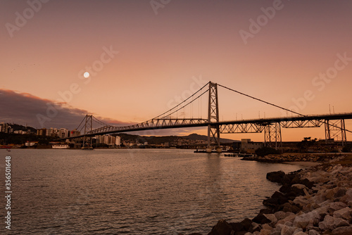 new bridge Hercilio Luz Florianopolis Santa Catarina Brazil, image made from the continent, showing the sunset © Antonello 