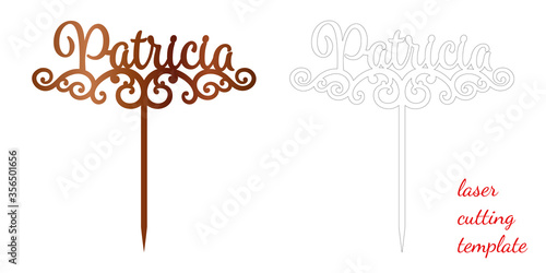Sign 'Patricia' cake toppers for laser or milling cut. Cut for decoration design. Name topper. Holiday greeting. Elegant decoration. Laser cut. Isolated design element.