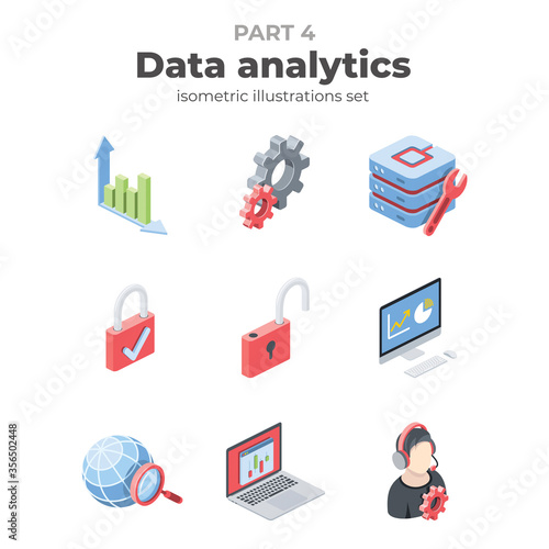 Data analytics part four. Vector 3d isometric, color web icon, new flat style. Creative illustration design, isolated graphic idea for infographics.