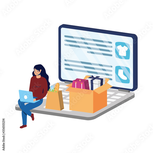 business online ecommerce in laptop with woman buying clothes