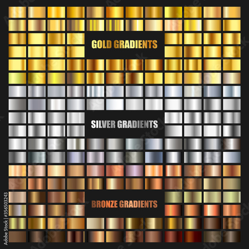 Vector set of gold, bronze and silver gradient background. Golden and metallic gradient collection for border, frame, ribbon, label design. Color swatch. Gold foil texture gradation.
