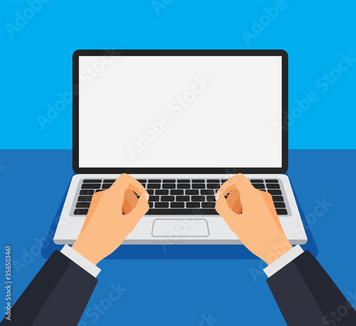 Man working on computer. Boy type or print on a keyboard in front of a blank white monitor. Laptop template with empty screen. Vector illustration.