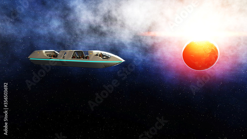 futuristic passenger bus flying in space. Transport of the future. 3d rendering.