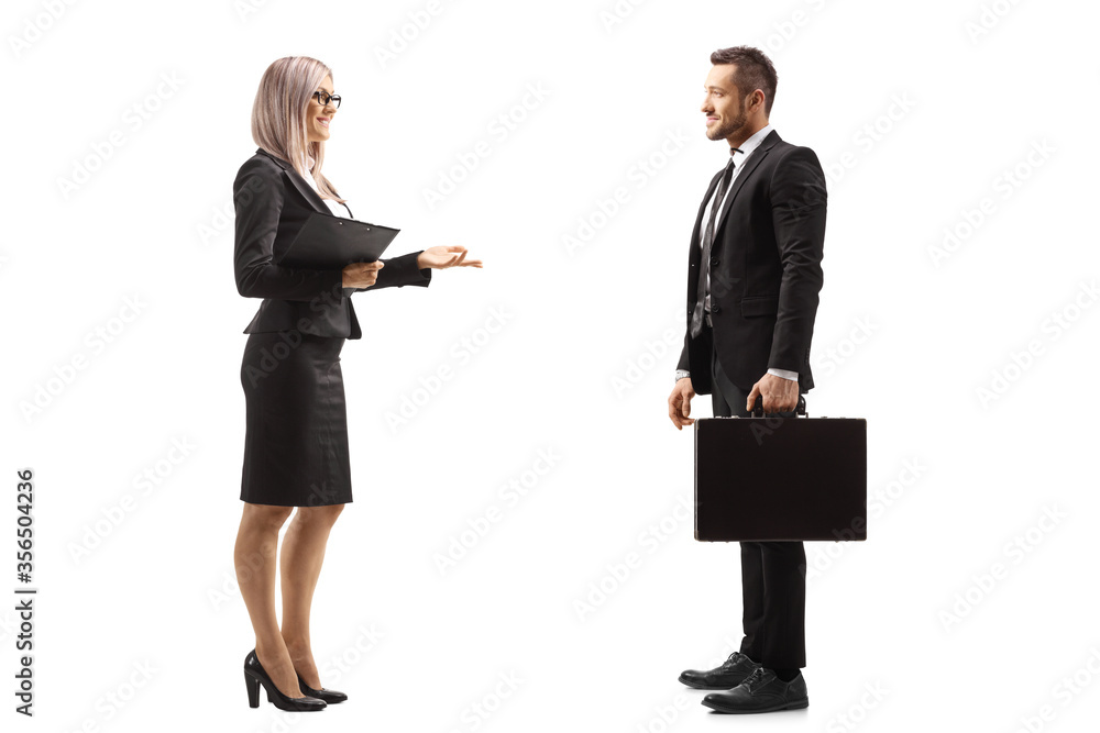 Businesswoman talking to a businessman with a briefcase Businesswoman talking to a businessman with a briefcase