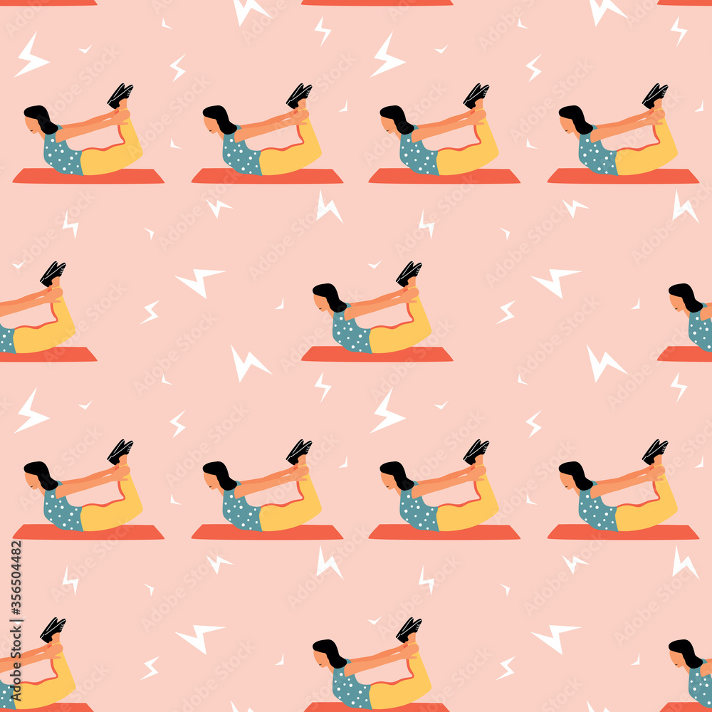 Seamless pattern with woman doing yoga at home. Illustration with pose Dhanurasana, Bow Pose.