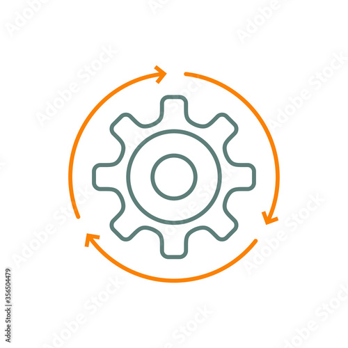 Icono plano lineal engranaje con flechas girando en gris naranja