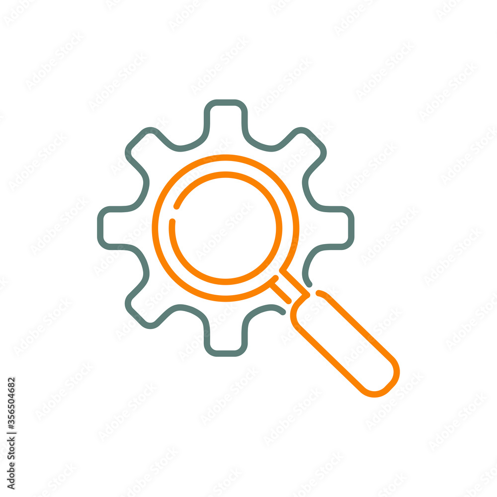 Icono plano lineal engranaje con lupa en gris y naranja Icono plano lineal engranaje con lupa en gris y naranja