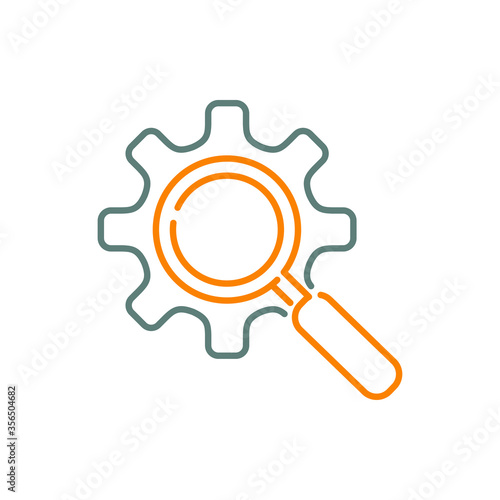 Icono plano lineal engranaje con lupa en gris y naranja