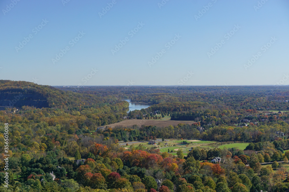 Washington Crossing, PA: View of the Delaware River and Pennsylvania countryside from Bowman's Hill Tower in Washington Crossing Historic Park.