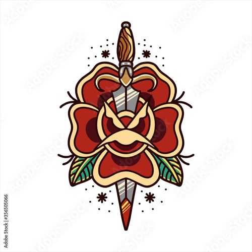 rose and dagger tattoo vector