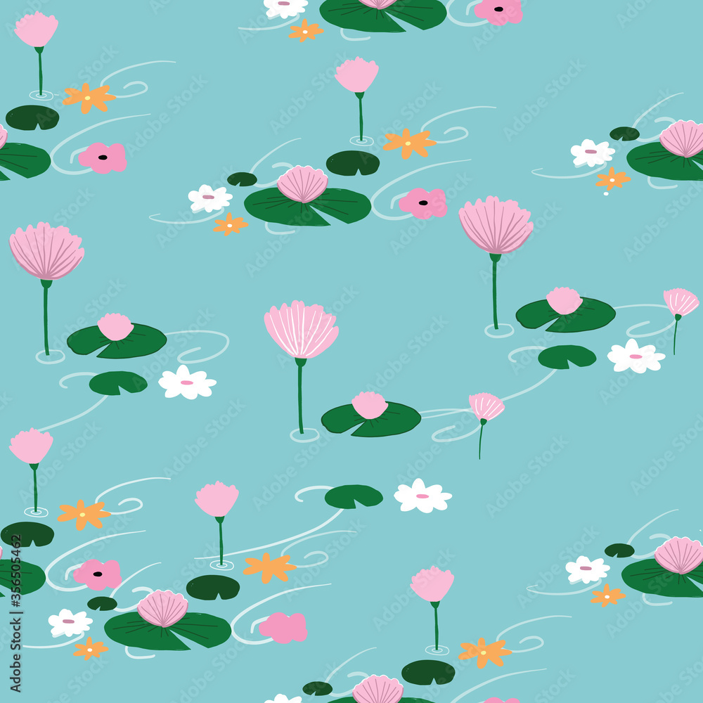 Fototapeta premium Seamless blue pond with flowers and lily pads pattern. Girly lake pattern. Stylish repeat vector pattern.