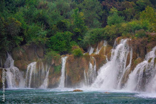 Waterfall and wild landscape at famous tourist attraction in Croatia