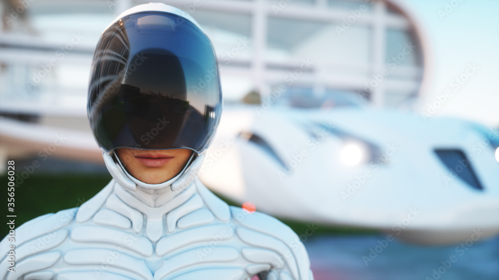 House of future. Futuristic flying car with walking woman. 3d rendering. House of future. Futuristic flying car with walking woman. 3d rendering.