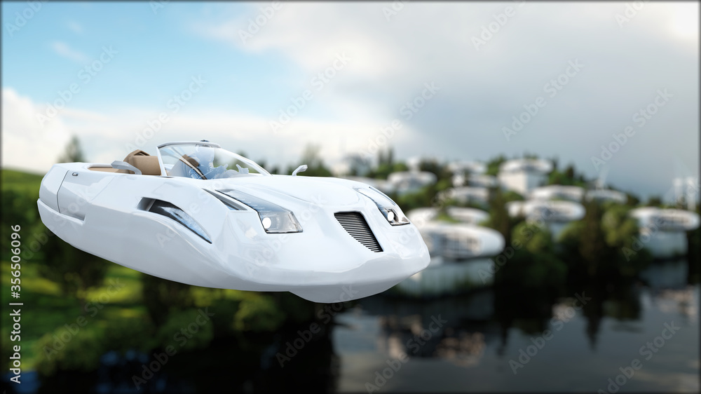 futuristic car flying over the city, landscape. Transport of the future. Aerial view. 3d rendering.
