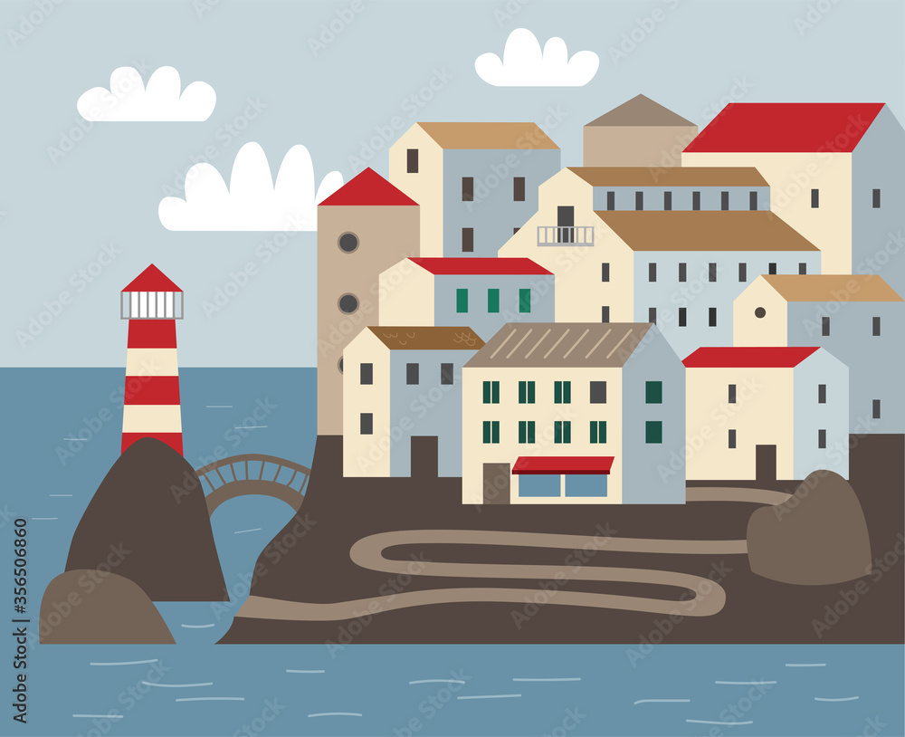 Seaside town on the rocks with a lighthouse. City building panorama vector illustration. Urban landscape. Panorama view. Seaside town on the rocks with a lighthouse. City building panorama vector illustration. Urban landscape. Panorama view.