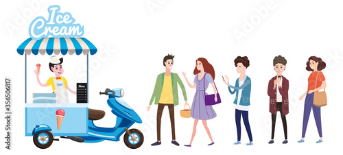 Ice cream seller man with ice cream cold dessert food scooter moped cart with a crowd of buyers