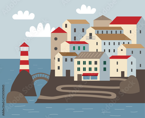 Seaside town on the rocks with a lighthouse. City building panorama vector illustration. Urban landscape. Panorama view.