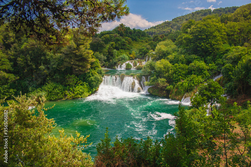 Krka National Park. Waterfall and wild landscape at famous tourist attraction in Croatia