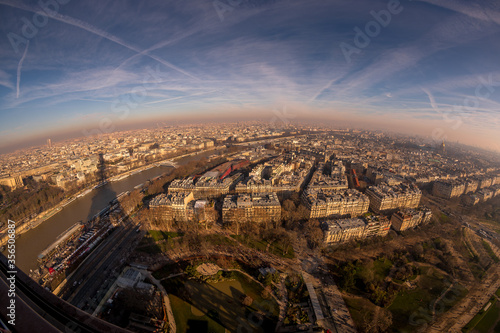 Paris France famous Eiffel Tower view during sunset from top of tower to city landmark