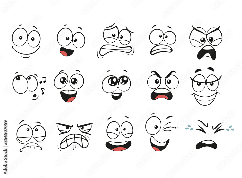 Cartoon facial expressions set. Cartoon faces. Expressive eyes and mouth,  smiling, crying and surprised character face expressions. Caricature comic  emotions or emoticon doodle. Isolated vector Stock Vector | Adobe Stock
