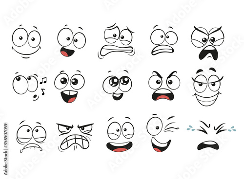 Cartoon facial expressions set. Cartoon faces. Expressive eyes and mouth, smiling, crying and surprised character face expressions. Caricature comic emotions or emoticon doodle. Isolated vector