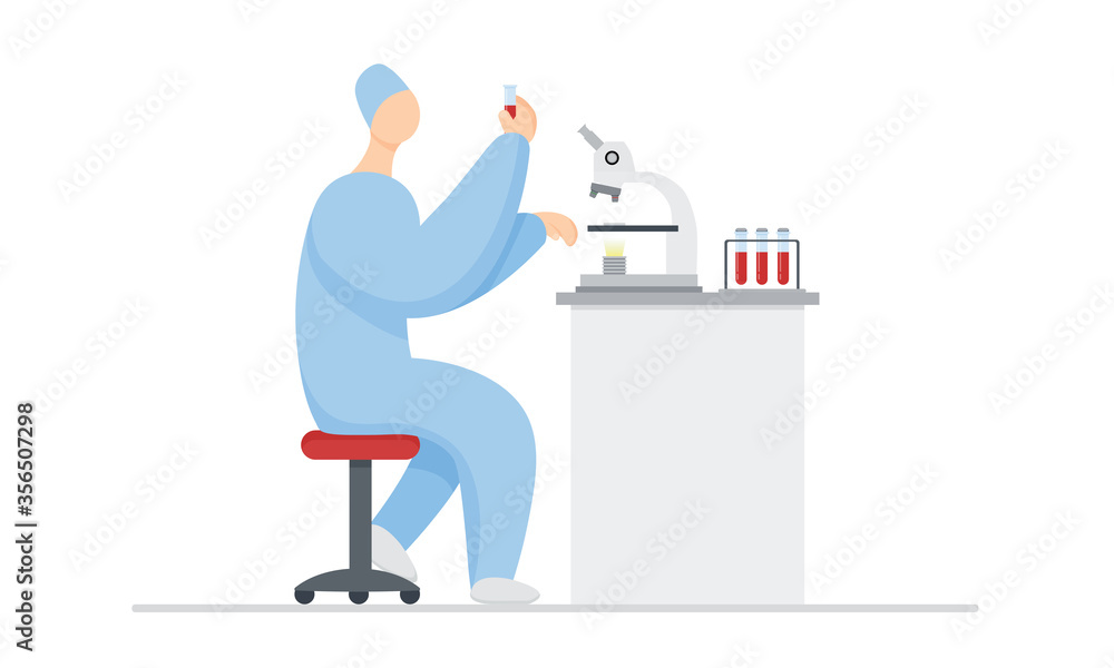 The laboratory assistant does a blood sample analysis. Illustration of a doctor sitting at a table with a microscope and holding a test tube with blood.
