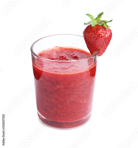 Tasty strawberry smoothie in glass isolated on white