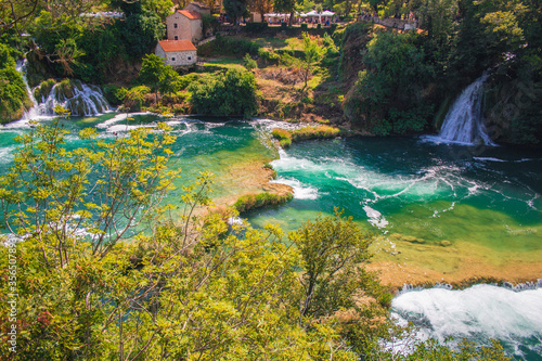 Krka National Park. Waterfalls and wild landscape at famous tourist attraction in Croatia