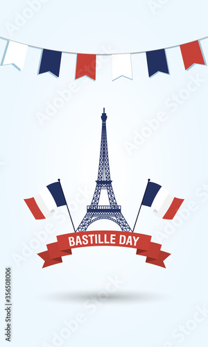 bastille day celebration card with eiffel tower and france flags