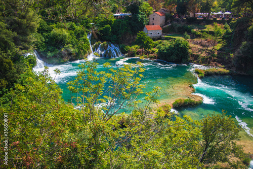 Krka National Park. Waterfalls and wild landscape at famous tourist attraction in Croatia