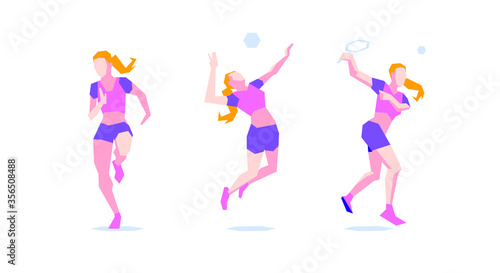 Set of vector women training. Three isolated girls in sport clothes on white background. Pink and purple sport outfit. Sport ladies lifestyle. Healthy and athlete female body. Active young people.