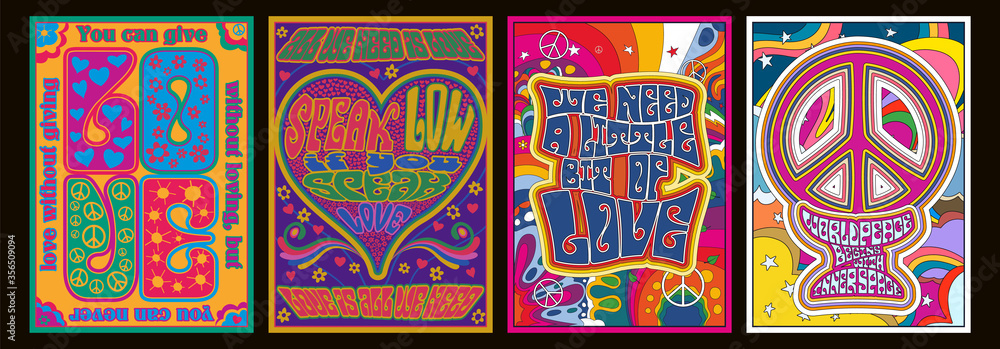 Love Lettering Romantic Quotes, 1960s Hippie Style Psychedelic Art Posters, Hearts, Peace Symbols, Flowers, Rainbows - obrazy, fototapety, plakaty 