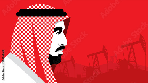Arab Business Man wearing UAE Traditional Dress. Red background with oil pumps. Male portrait, side view. Concept of Middle East, oil industry, oil production, stock market. Modern flat style.
