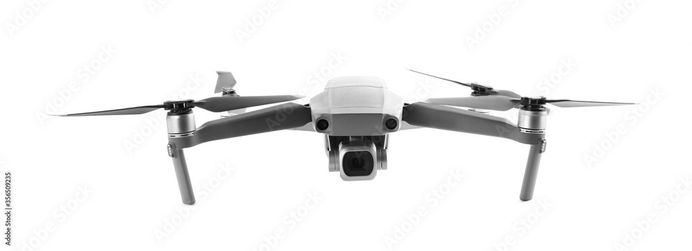Modern drone with camera isolated on white - obrazy, fototapety, plakaty 