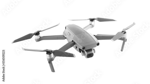 Modern drone with camera isolated on white