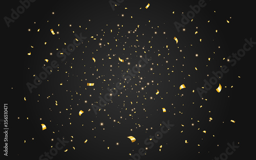 Gold dust with confetti. Glowing particles on black backdrop. Bright golden powder. Christmas bokeh lights. Luxury decoration for card, banner, anniversary. Vector illustration