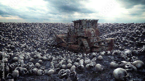 Cuadro en lienzo Old bulldozer and pile of skulls